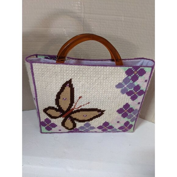 vtg handmade Needlepoint handbag tote butterfly floral lined See condition 14x10 - Picture 2 of 10